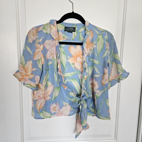 Ralph Lauren | Vintage LRLTropical Floral Silk Wrap Top Sz S - Picture 4 of 7